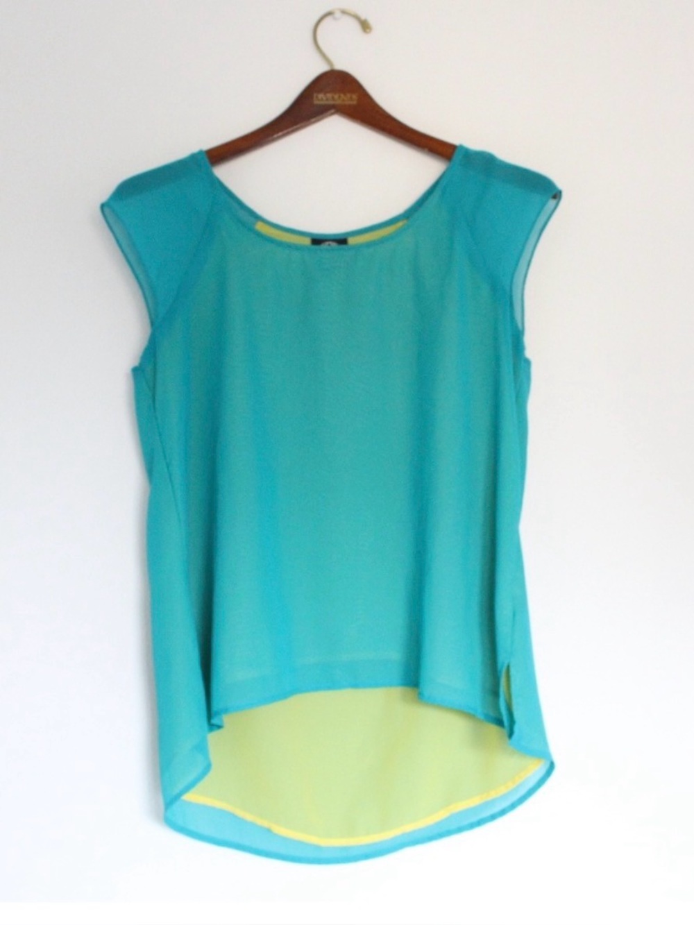 Bobeau Turquoise Chiffon High Low Layered Top Chartreuse Pop Made in USA